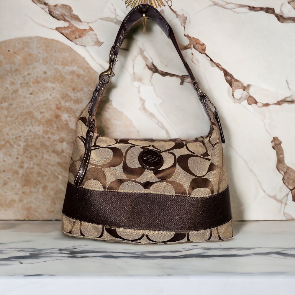 EUC COACH Signature Stripe Hobo Brwn Shoulder Bag